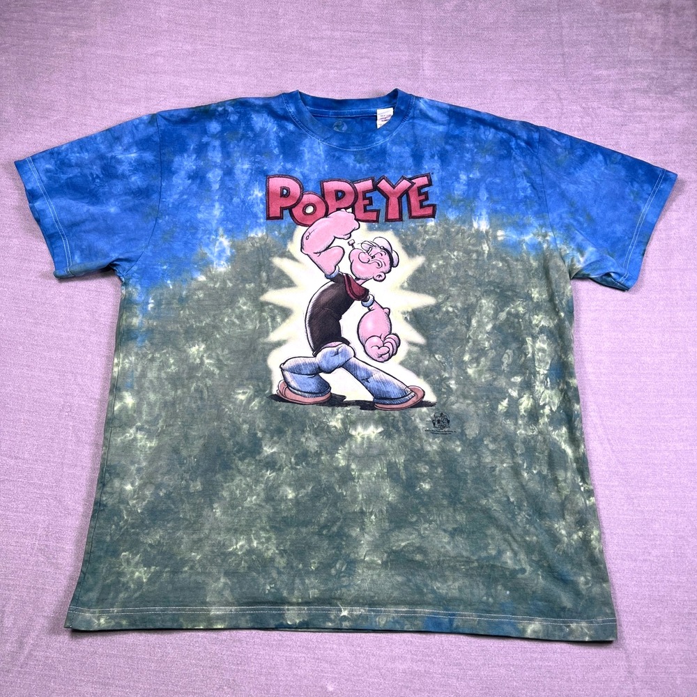 Liquid Blue Mens Blue Green Tie-Dye Crew Neck Popeye Graphic T-Shirt Size XL